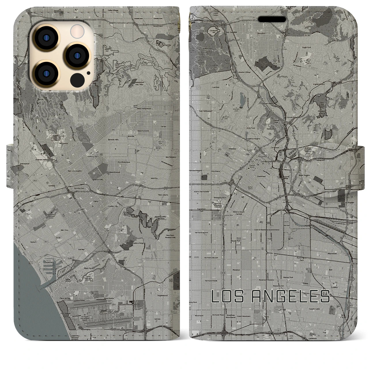 【ロサンゼルス】地図柄iPhoneケース（手帳両面タイプ・モノトーン）iPhone 12 Pro Max 用