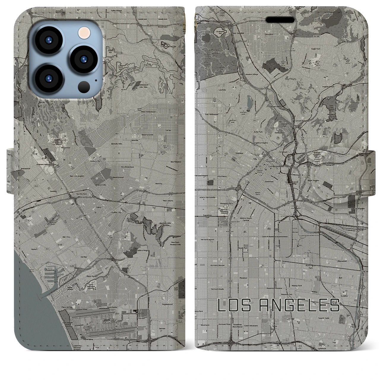 【ロサンゼルス】地図柄iPhoneケース（手帳両面タイプ・モノトーン）iPhone 13 Pro Max 用