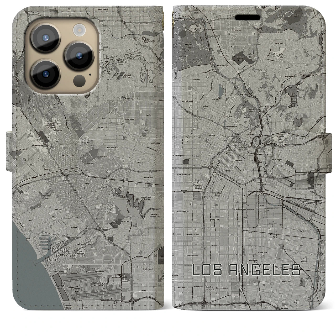 【ロサンゼルス】地図柄iPhoneケース（手帳両面タイプ・モノトーン）iPhone 14 Pro Max 用