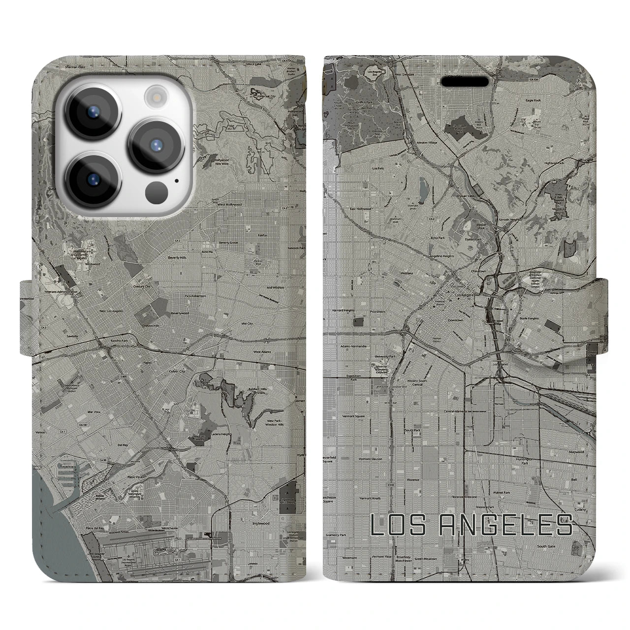 【ロサンゼルス】地図柄iPhoneケース（手帳両面タイプ・モノトーン）iPhone 14 Pro 用