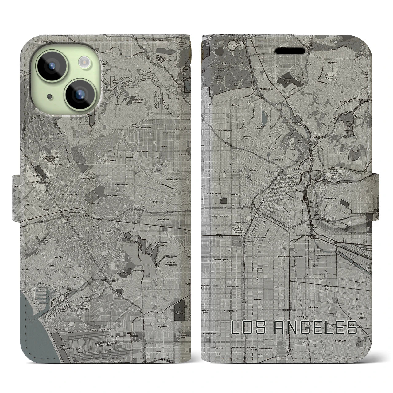 【ロサンゼルス】地図柄iPhoneケース（手帳両面タイプ・モノトーン）iPhone 15 用