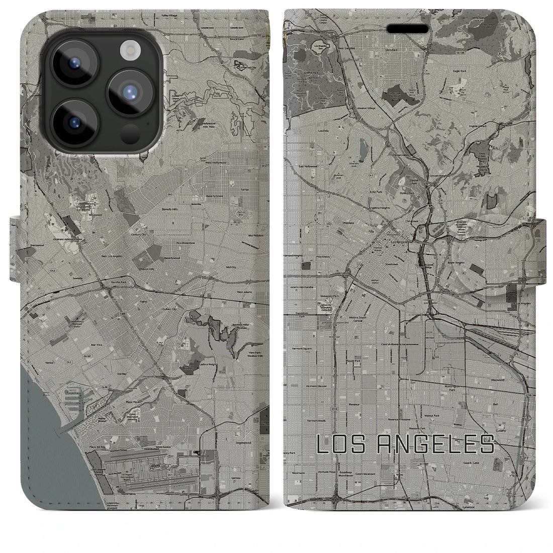 【ロサンゼルス】地図柄iPhoneケース（手帳両面タイプ・モノトーン）iPhone 15 Pro Max 用