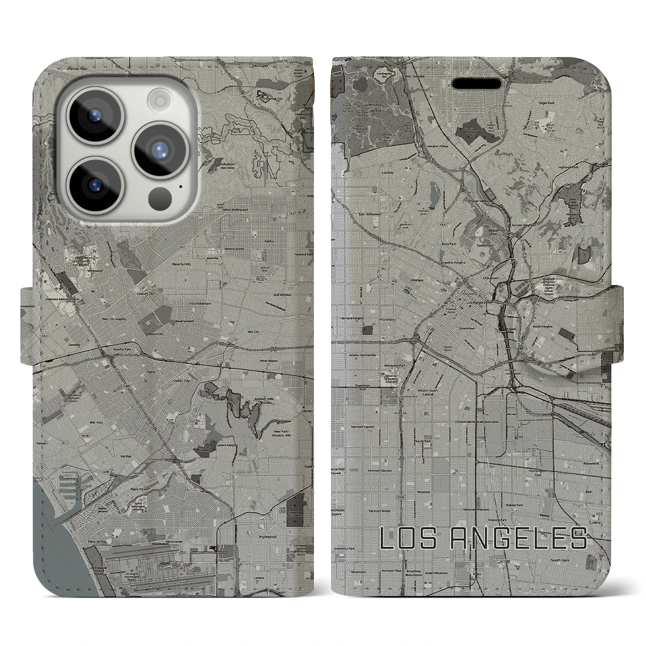 【ロサンゼルス】地図柄iPhoneケース（手帳両面タイプ・モノトーン）iPhone 15 Pro 用