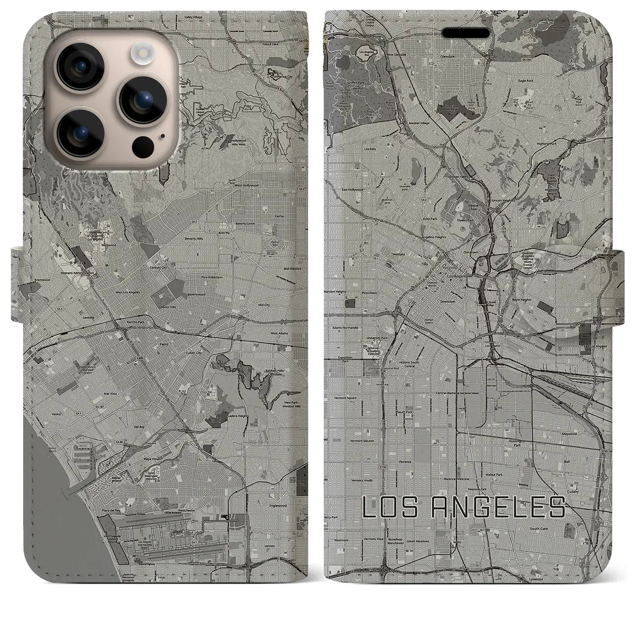 【ロサンゼルス（アメリカ）】地図柄iPhoneケース（手帳タイプ）モノトーン・iPhone 16 Plus 用