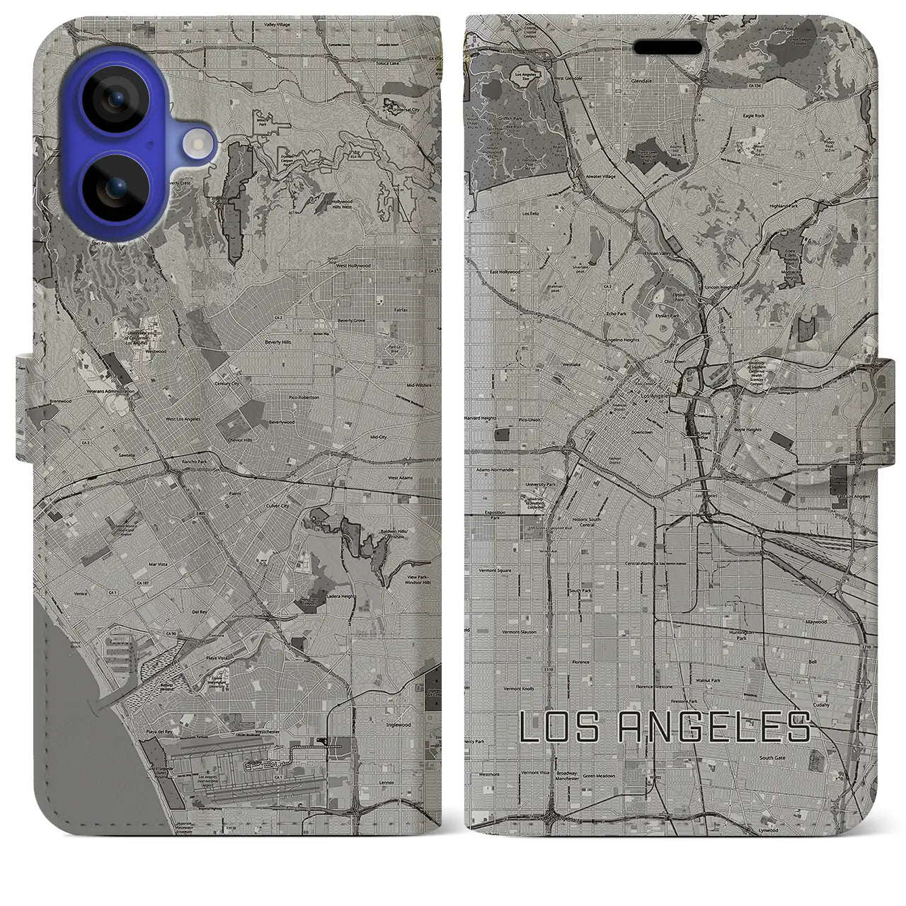 【ロサンゼルス（アメリカ）】地図柄iPhoneケース（手帳タイプ）モノトーン・iPhone 16 Pro Max 用