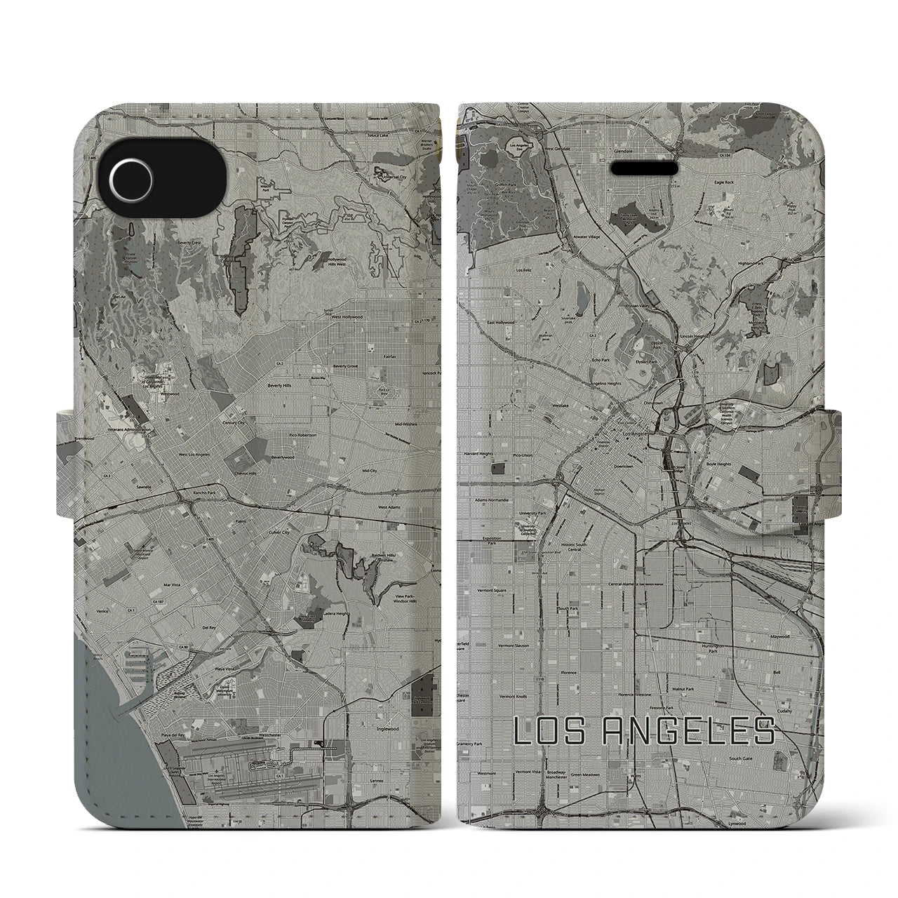 【ロサンゼルス】地図柄iPhoneケース（手帳両面タイプ・モノトーン）iPhone SE（第3 / 第2世代） / 8 / 7 / 6s / 6 用