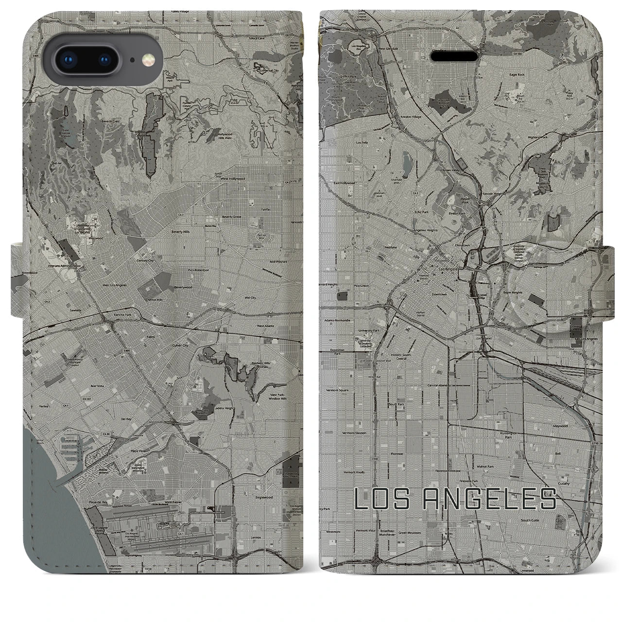 【ロサンゼルス】地図柄iPhoneケース（手帳両面タイプ・モノトーン）iPhone 8Plus /7Plus / 6sPlus / 6Plus 用