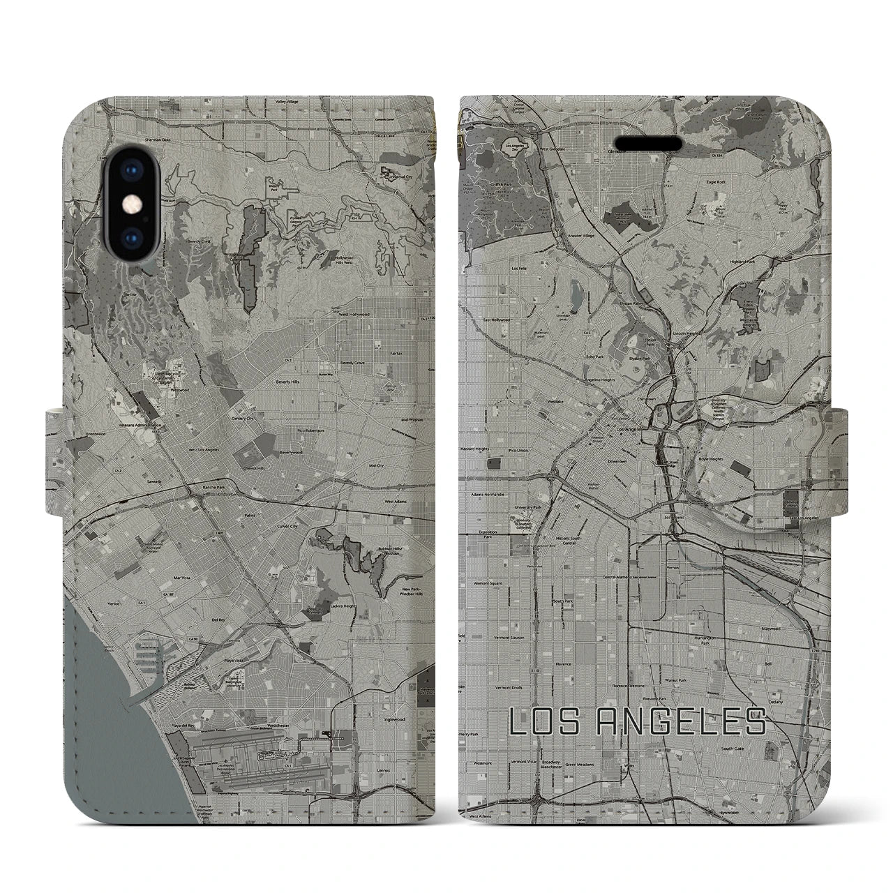 【ロサンゼルス】地図柄iPhoneケース（手帳両面タイプ・モノトーン）iPhone XS / X 用