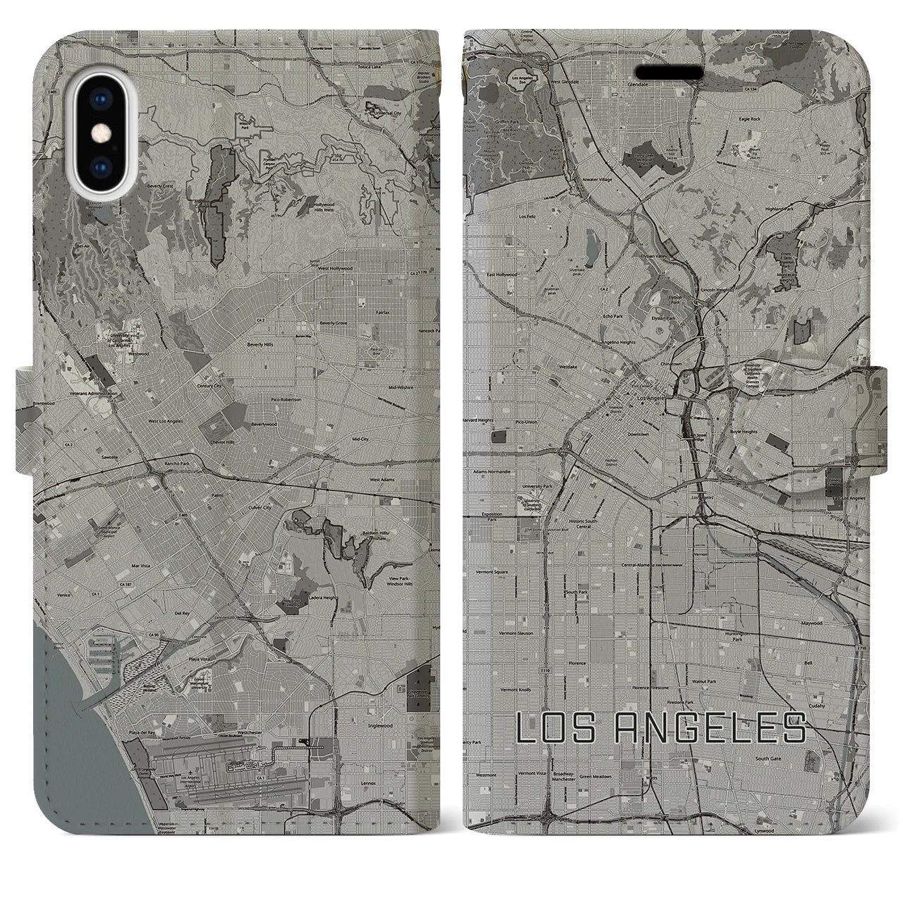 【ロサンゼルス】地図柄iPhoneケース（手帳両面タイプ・モノトーン）iPhone XS Max 用