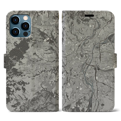 【リヨン（フランス）】地図柄iPhoneケース（手帳タイプ）モノトーン・iPhone 12 / 12 Pro 用