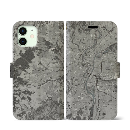 【リヨン（フランス）】地図柄iPhoneケース（手帳タイプ）モノトーン・iPhone 12 mini 用