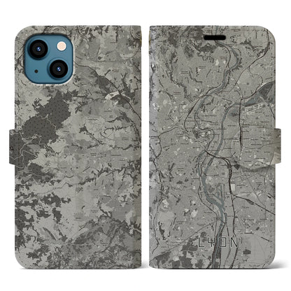 【リヨン（フランス）】地図柄iPhoneケース（手帳タイプ）モノトーン・iPhone 13 用