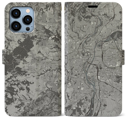 【リヨン（フランス）】地図柄iPhoneケース（手帳タイプ）モノトーン・iPhone 13 Pro Max 用