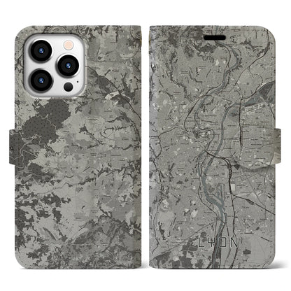 【リヨン（フランス）】地図柄iPhoneケース（手帳タイプ）モノトーン・iPhone 13 Pro 用