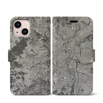 【リヨン（フランス）】地図柄iPhoneケース（手帳タイプ）モノトーン・iPhone 13 mini 用