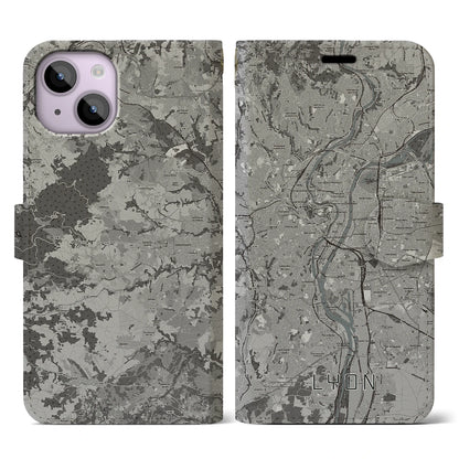 【リヨン（フランス）】地図柄iPhoneケース（手帳タイプ）モノトーン・iPhone 14 用