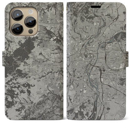 【リヨン（フランス）】地図柄iPhoneケース（手帳タイプ）モノトーン・iPhone 14 Pro Max 用