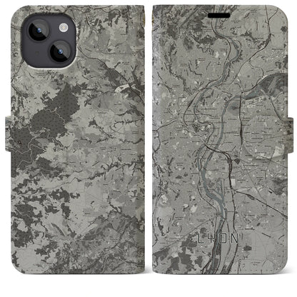 【リヨン（フランス）】地図柄iPhoneケース（手帳タイプ）モノトーン・iPhone 14 Plus 用