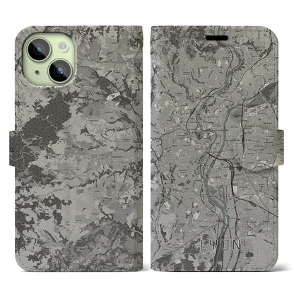 【リヨン（フランス）】地図柄iPhoneケース（手帳タイプ）モノトーン・iPhone 15 用
