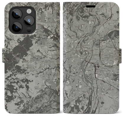 【リヨン（フランス）】地図柄iPhoneケース（手帳タイプ）モノトーン・iPhone 15 Pro Max 用