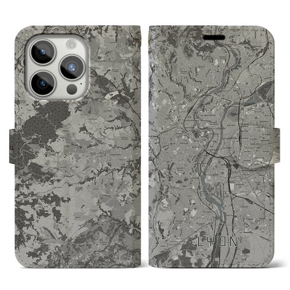 【リヨン（フランス）】地図柄iPhoneケース（手帳タイプ）モノトーン・iPhone 15 Pro 用