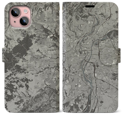 【リヨン（フランス）】地図柄iPhoneケース（手帳タイプ）モノトーン・iPhone 15 Plus 用