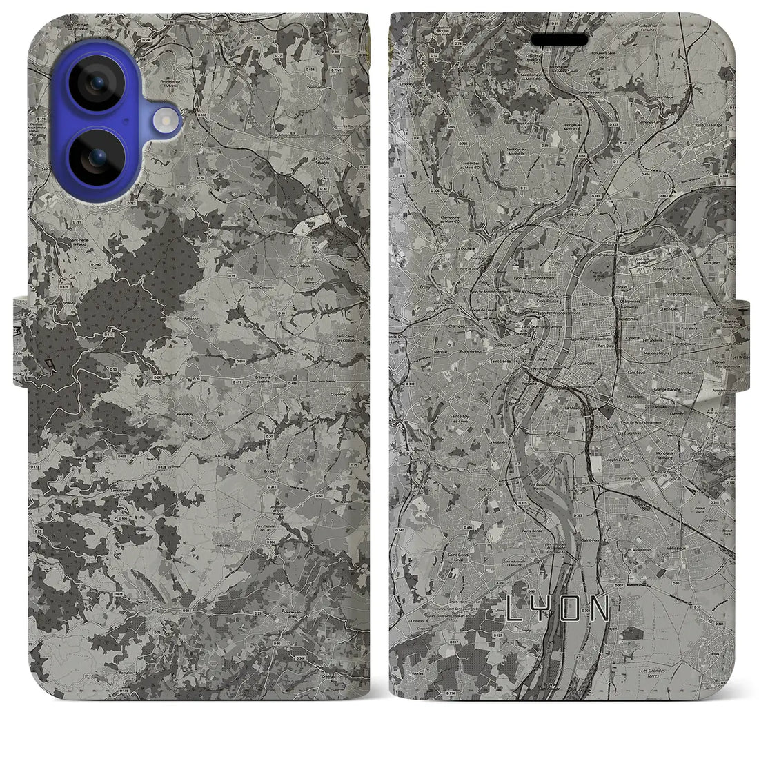 【リヨン(フランス)】地図柄iPhoneケース(手帳タイプ)モノトーン・iPhone 16 Pro Max 用