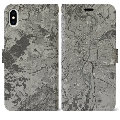 【リヨン（フランス）】地図柄iPhoneケース（手帳タイプ）モノトーン・iPhone XS Max 用