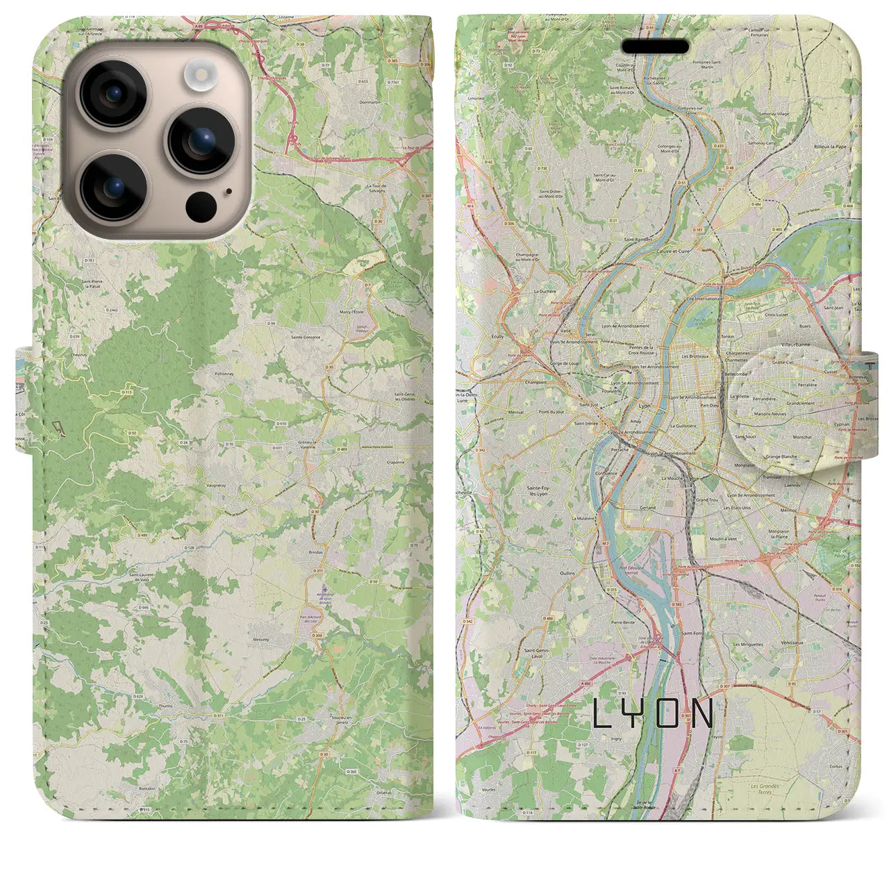 【リヨン（フランス）】地図柄iPhoneケース（手帳タイプ）ナチュラル・iPhone 16 Plus 用