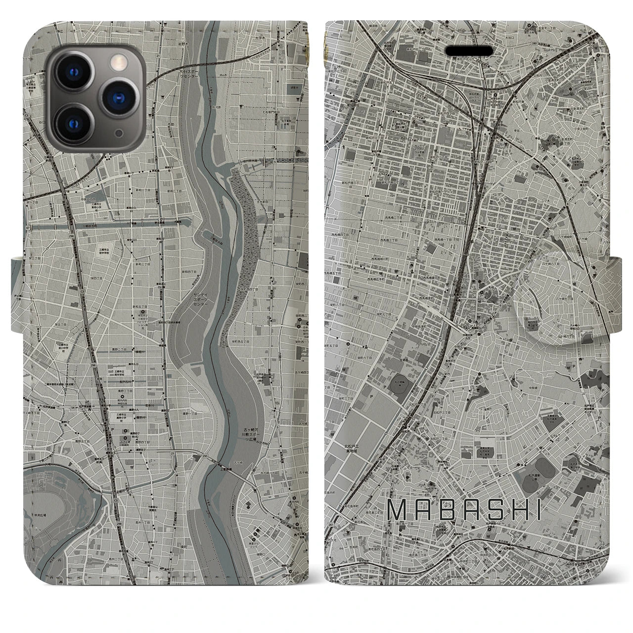 【馬橋】地図柄iPhoneケース（手帳両面タイプ・モノトーン）iPhone 11 Pro Max 用