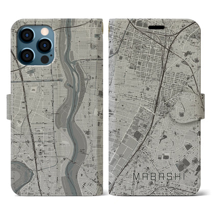 【馬橋（千葉県）】地図柄iPhoneケース（手帳タイプ）モノトーン・iPhone 12 / 12 Pro 用