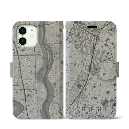 【馬橋（千葉県）】地図柄iPhoneケース（手帳タイプ）モノトーン・iPhone 12 mini 用