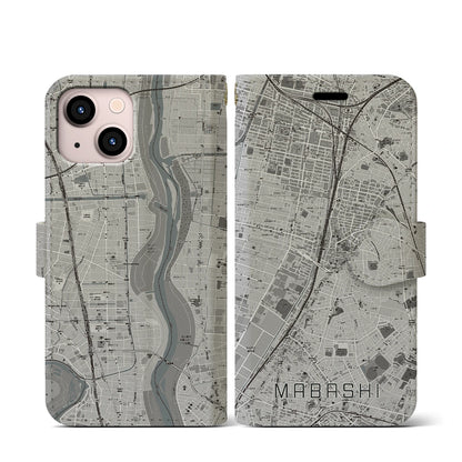 【馬橋（千葉県）】地図柄iPhoneケース（手帳タイプ）モノトーン・iPhone 13 mini 用