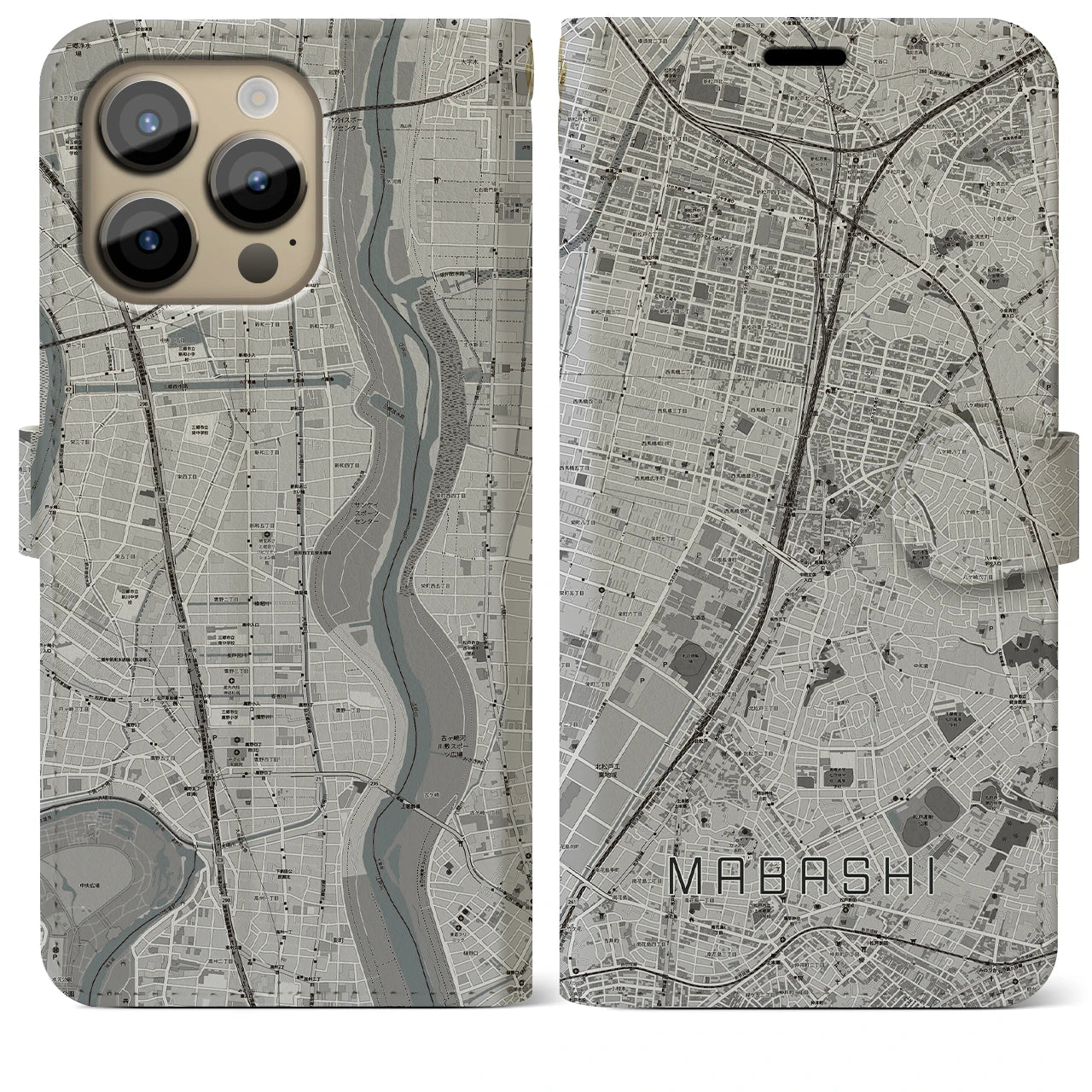 【馬橋】地図柄iPhoneケース（手帳両面タイプ・モノトーン）iPhone 14 Pro Max 用