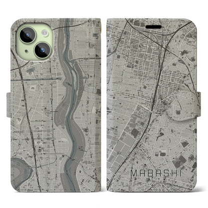 【馬橋（千葉県）】地図柄iPhoneケース（手帳タイプ）モノトーン・iPhone 15 用