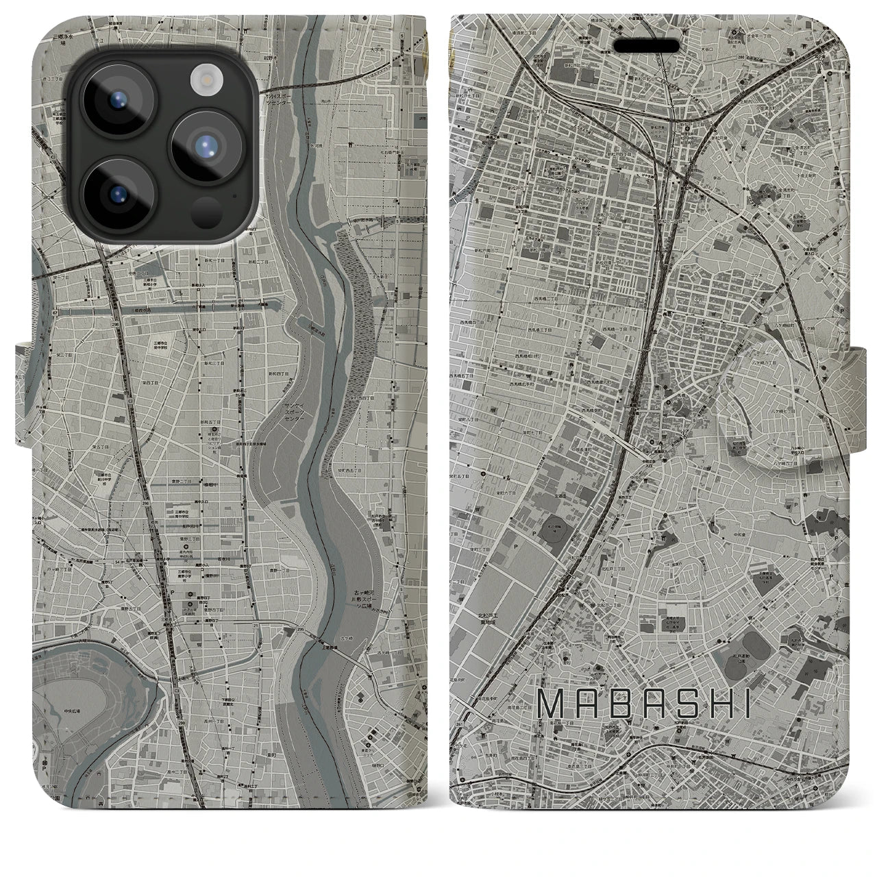 【馬橋】地図柄iPhoneケース（手帳両面タイプ・モノトーン）iPhone 15 Pro Max 用