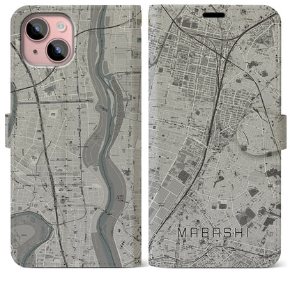 【馬橋（千葉県）】地図柄iPhoneケース（手帳タイプ）モノトーン・iPhone 15 Plus 用