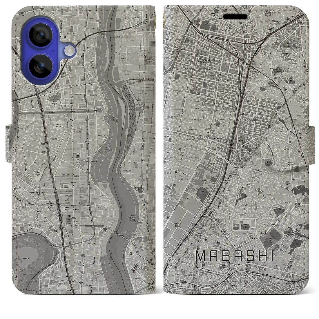 【馬橋(千葉県)】地図柄iPhoneケース(手帳タイプ)モノトーン・iPhone 16 Pro Max 用