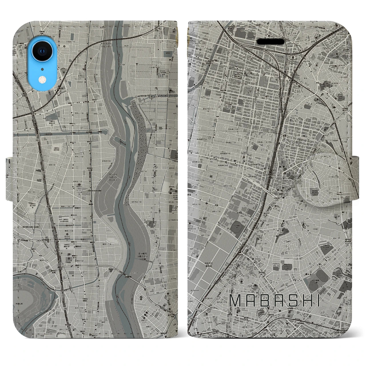 【馬橋】地図柄iPhoneケース（手帳両面タイプ・モノトーン）iPhone XR 用