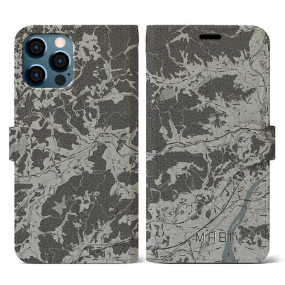 【真備（岡山県）】地図柄iPhoneケース（手帳タイプ）モノトーン・iPhone 12 / 12 Pro 用