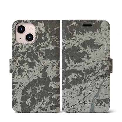 【真備（岡山県）】地図柄iPhoneケース（手帳タイプ）モノトーン・iPhone 13 mini 用