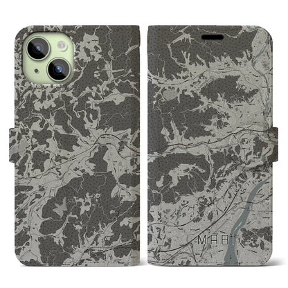 【真備（岡山県）】地図柄iPhoneケース（手帳タイプ）モノトーン・iPhone 15 用