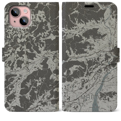 【真備（岡山県）】地図柄iPhoneケース（手帳タイプ）モノトーン・iPhone 15 Plus 用