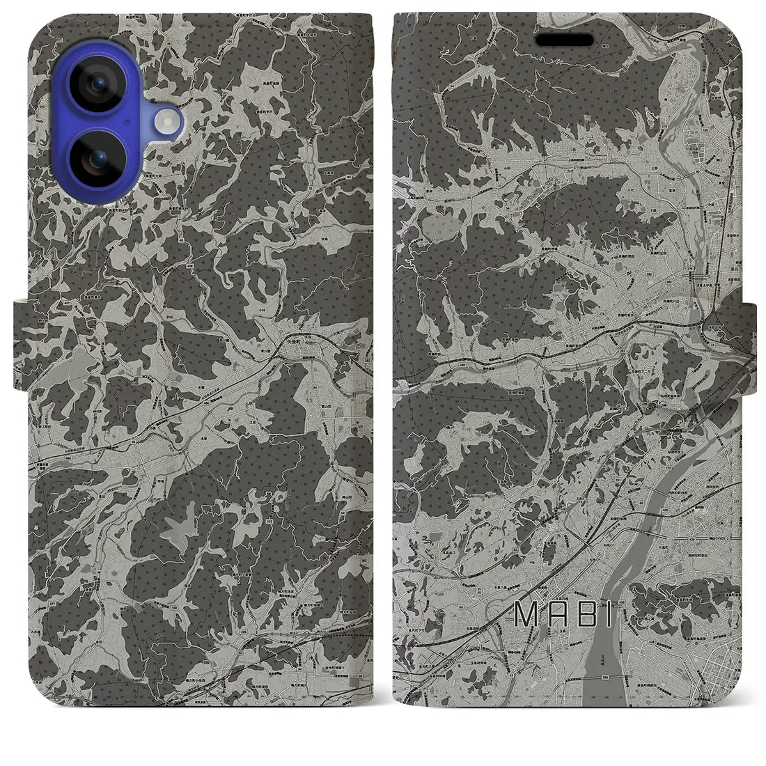 【真備(岡山県)】地図柄iPhoneケース(手帳タイプ)モノトーン・iPhone 16 Pro Max 用