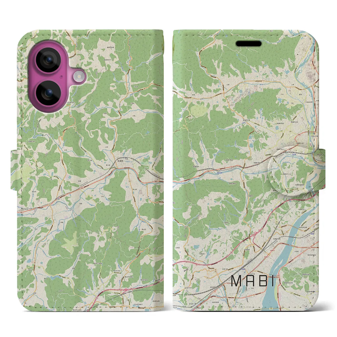 【真備（岡山県）】地図柄iPhoneケース（手帳タイプ）ナチュラル・iPhone 16 Pro 用