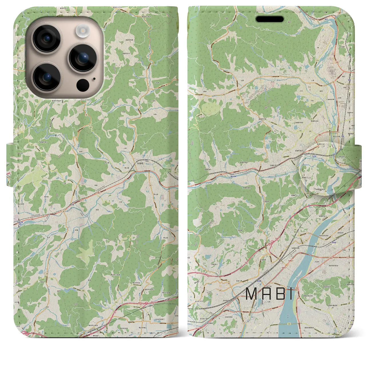 【真備（岡山県）】地図柄iPhoneケース（手帳タイプ）ナチュラル・iPhone 16 Plus 用