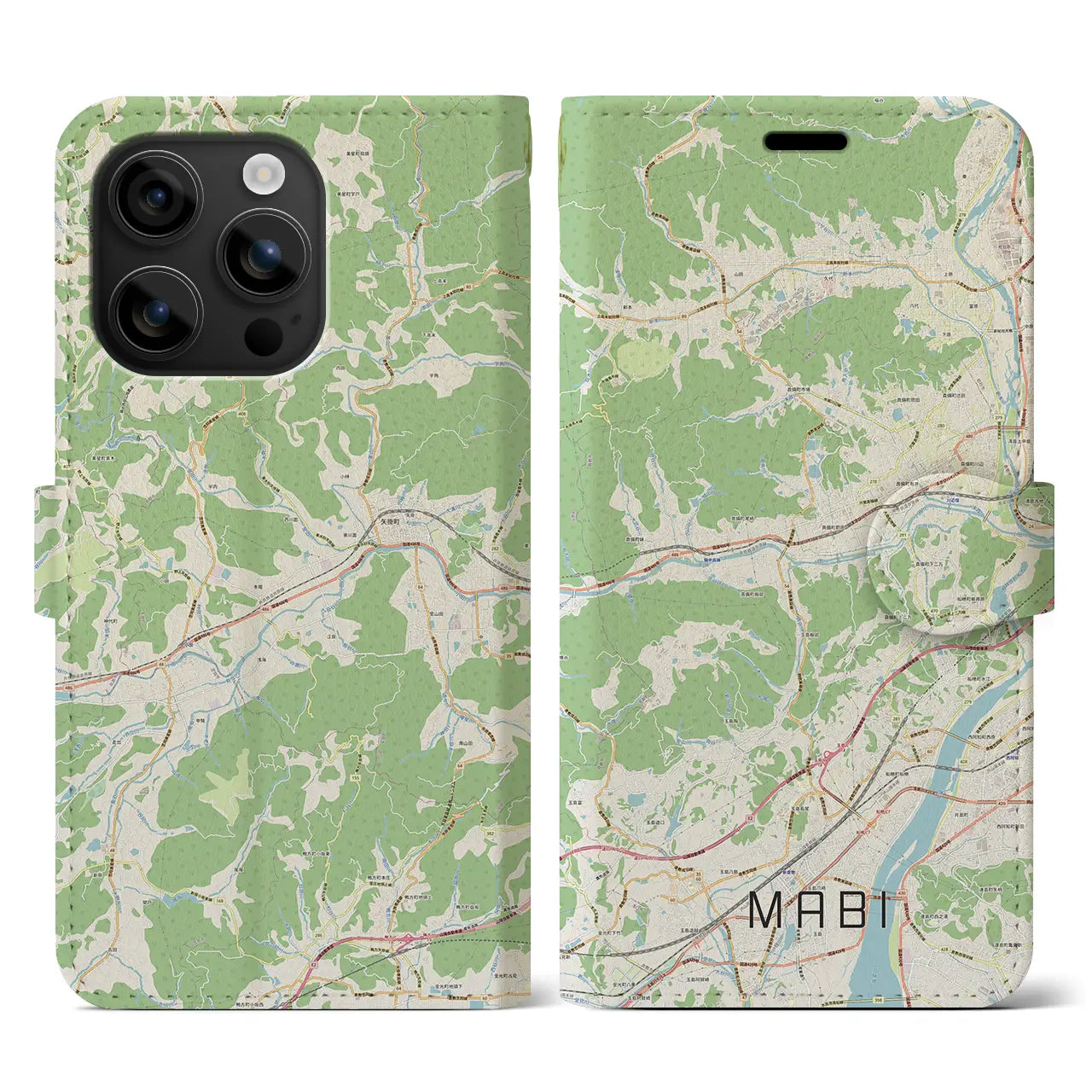 【真備（岡山県）】地図柄iPhoneケース（手帳タイプ）ナチュラル・iPhone 16 用