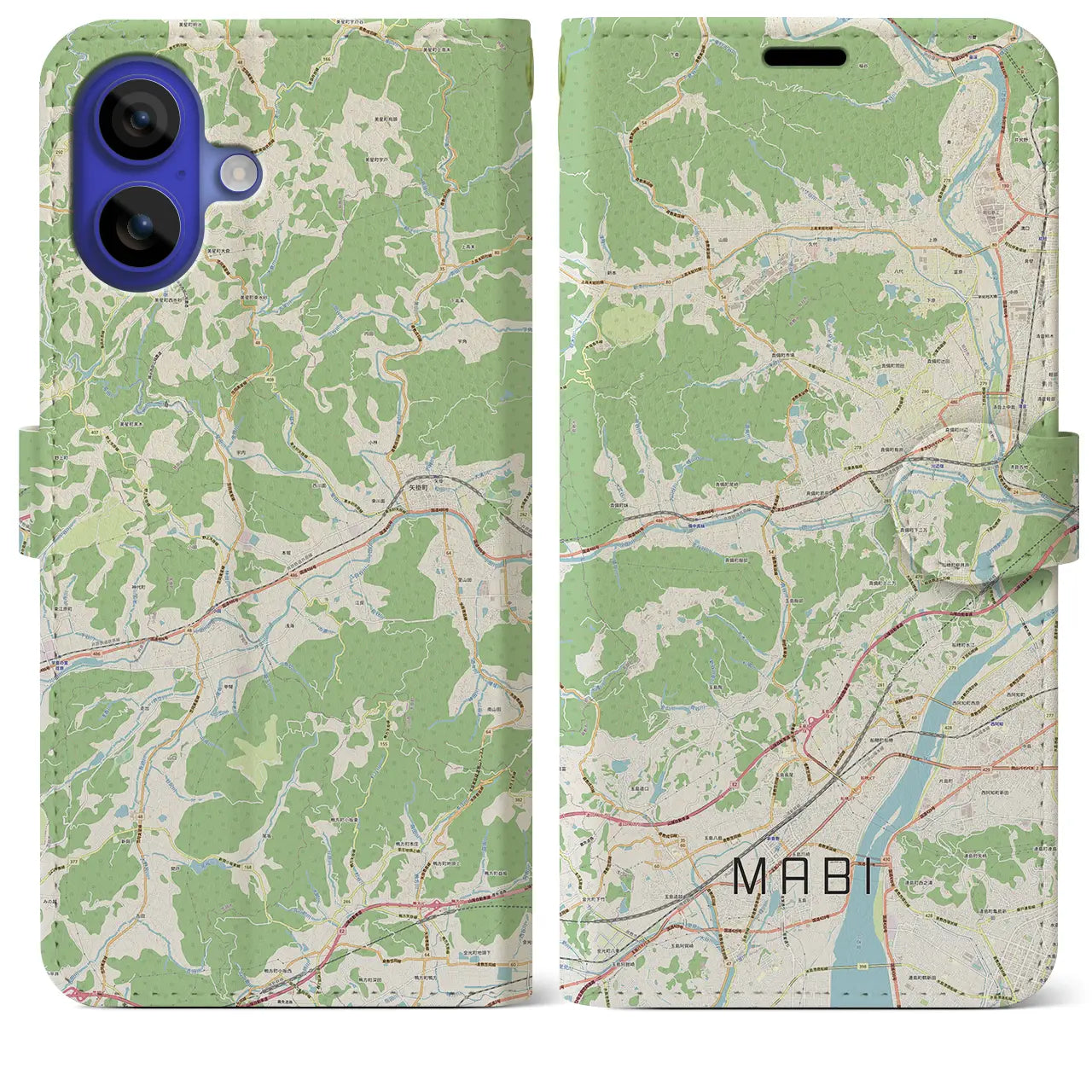 【真備（岡山県）】地図柄iPhoneケース（手帳タイプ）ナチュラル・iPhone 16 Pro Max 用