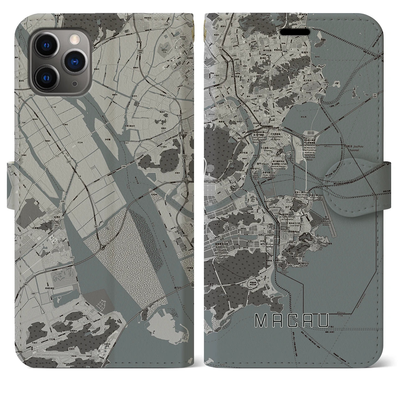 【マカオ】地図柄iPhoneケース（手帳両面タイプ・モノトーン）iPhone 11 Pro Max 用