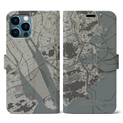 【マカオ（中華人民共和国）】地図柄iPhoneケース（手帳タイプ）モノトーン・iPhone 12 / 12 Pro 用